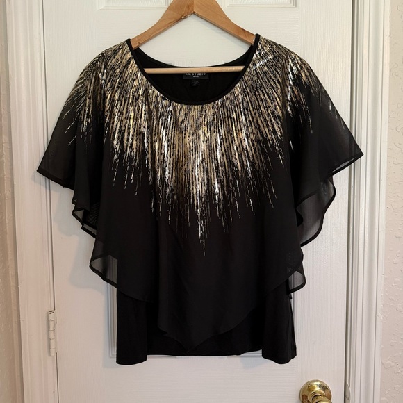 IN Studio Elegant Black and Gold Sheer Overlay Women's Top PM - Picture 1 of 7